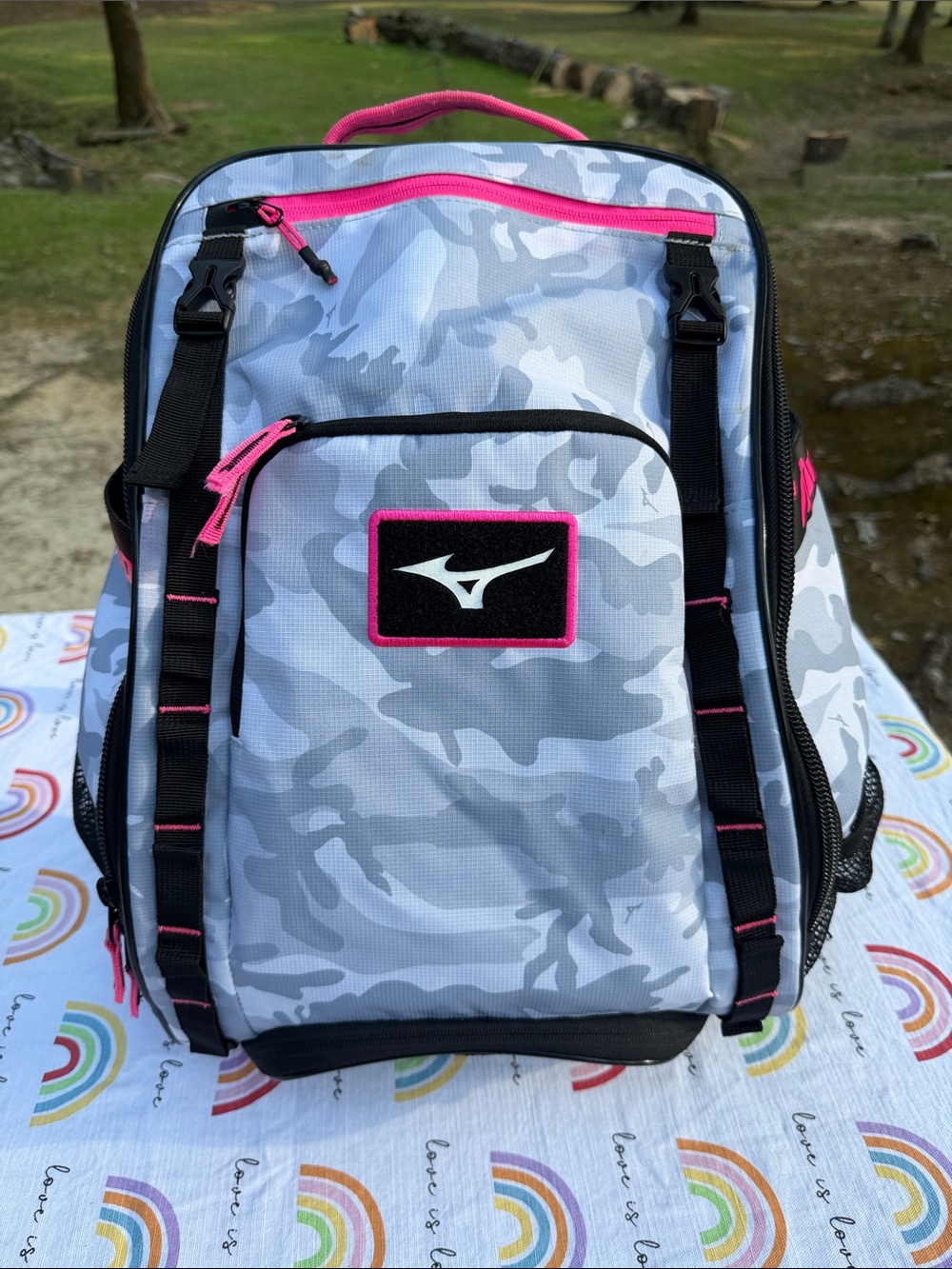 Mizuno Gray Camo Backpack with Pink Trim